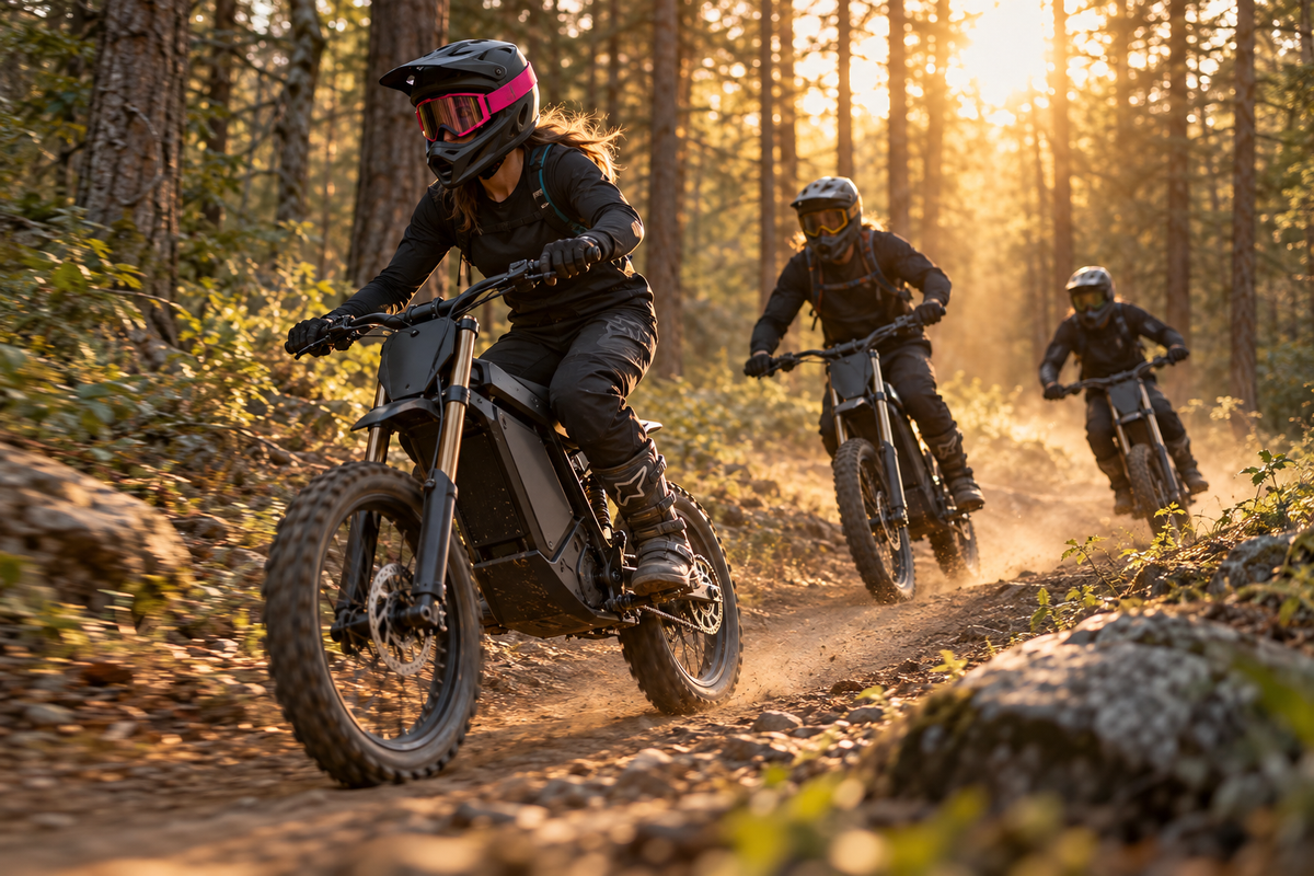 Illustrative scene of helmeted e-moto riders following a forest trail