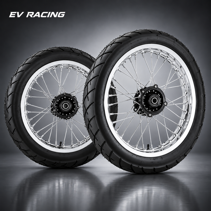 Chrome Yozma and Strike Shadow supermoto wheel and tire set with 17-inch front and 14-inch rear wheels