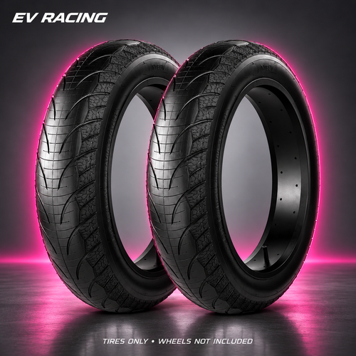 20 × 4 Supermoto Tires for Super73, Macfox & Ridstar on a gray studio background with pink accents; tires only, wheels not included