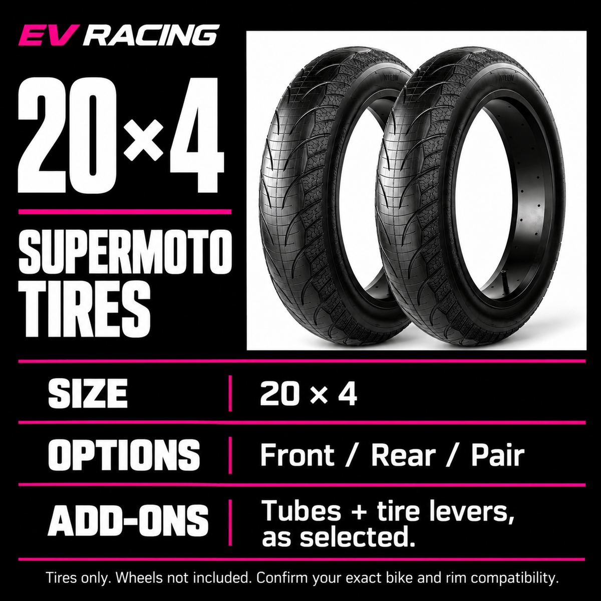 20 × 4 Supermoto Tires for Super73, Macfox & Ridstar — size and product options; tires only, wheels not included