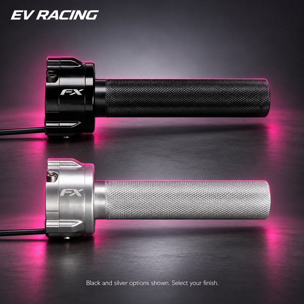 Classic FX Twist Throttle — Black or Silver on a gray studio background with pink accents