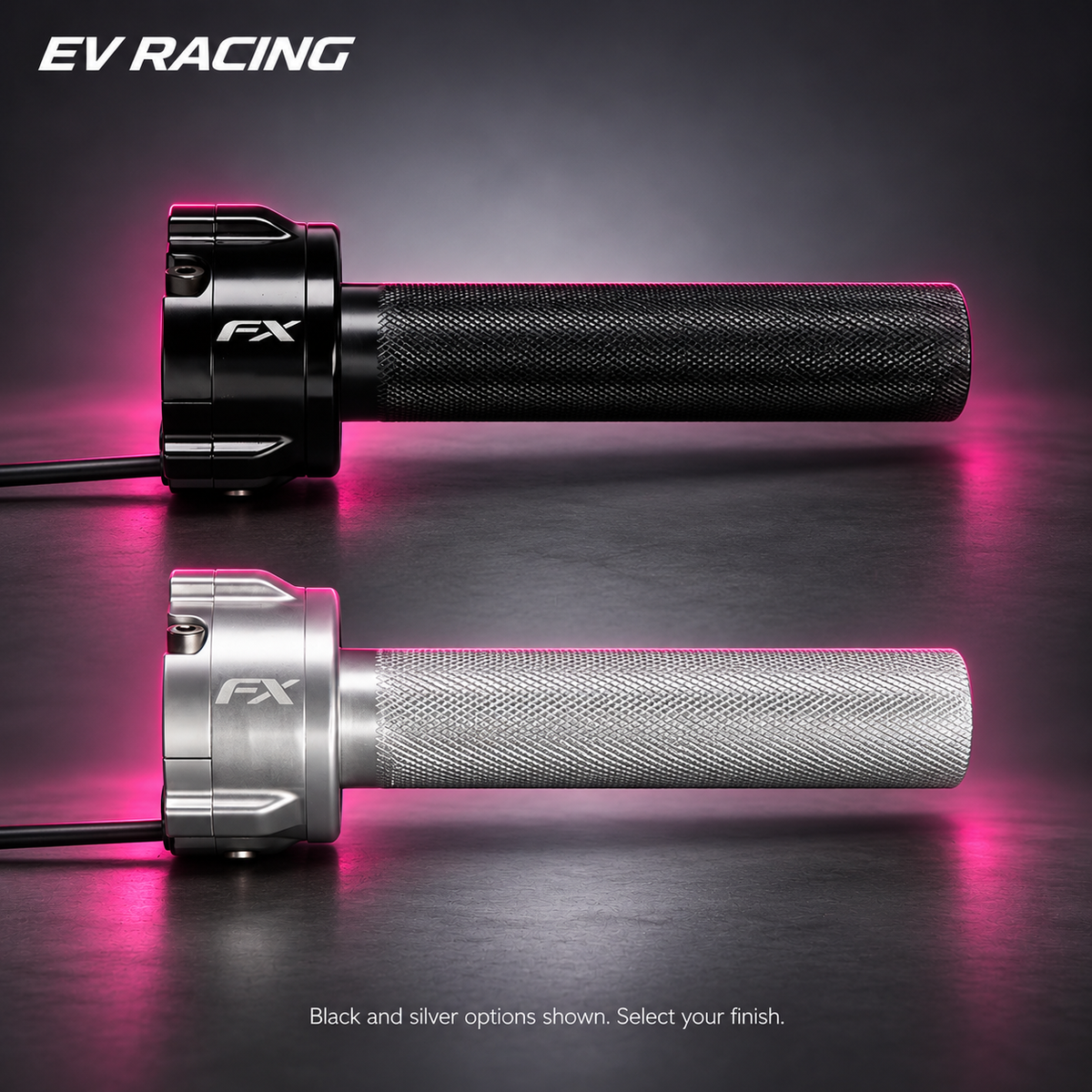 Classic FX Twist Throttle — Black or Silver on a gray studio background with pink accents