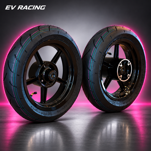 12-Inch Mini E-Moto Supermoto Wheel & Tire Set on a gray studio background with pink accents