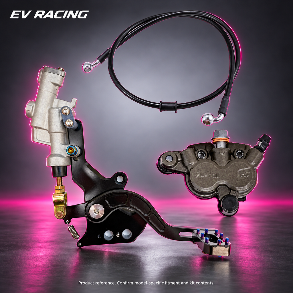 Moto foot brake assembly, caliper and hose on a gray background; model-specific fitment and contents require confirmation