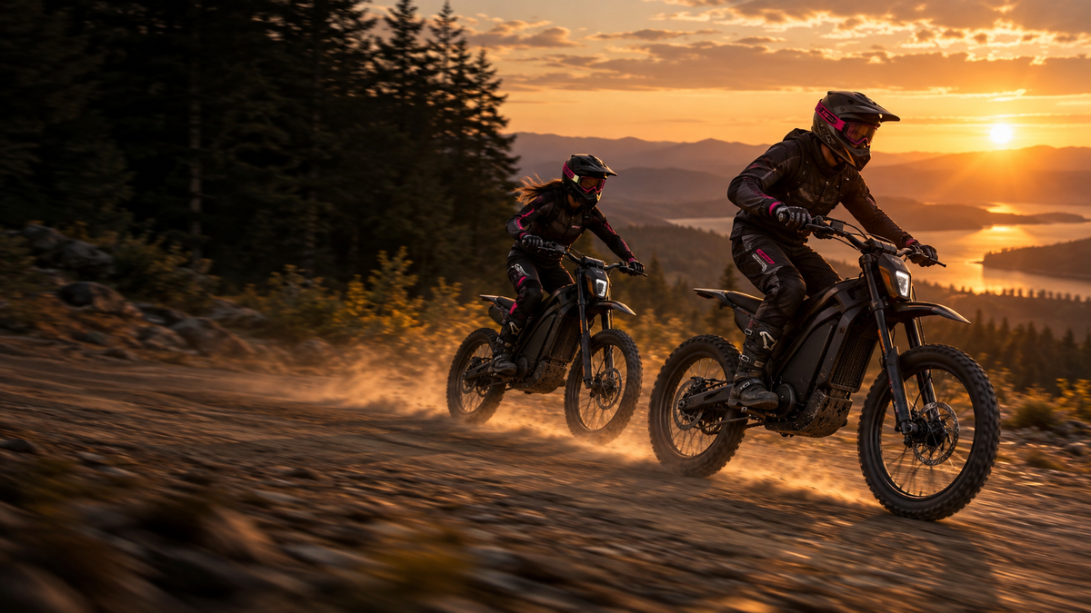 Illustrative scene of two helmeted e-moto riders on a dirt trail at sunset