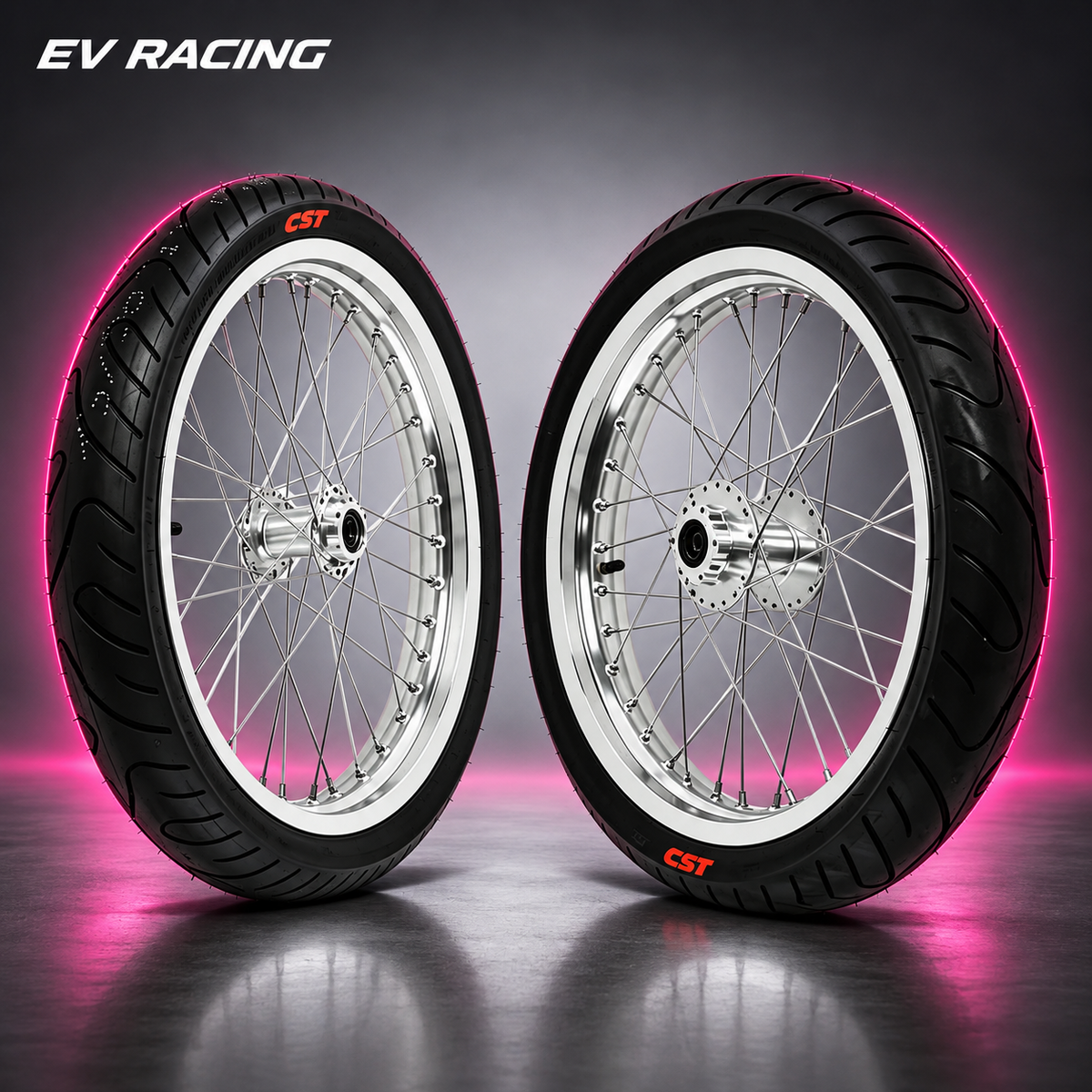 Chrome 17-inch supermoto wheel set on a gray studio background with pink accents
