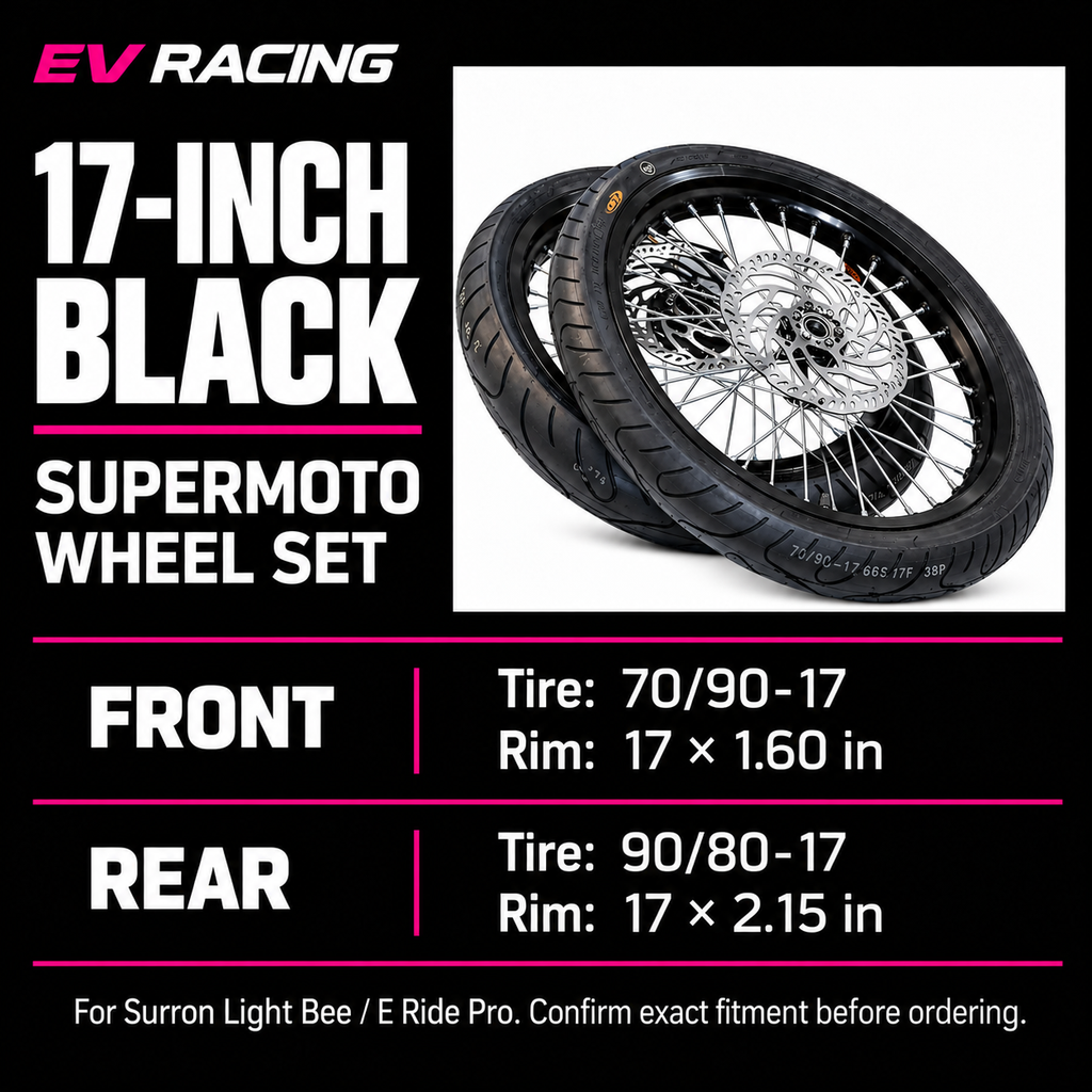 EV Racing black wheel size guide: front tire 70/90-17 and rim 17 by 1.60 inches; rear tire 90/80-17 and rim 17 by 2.15 inches