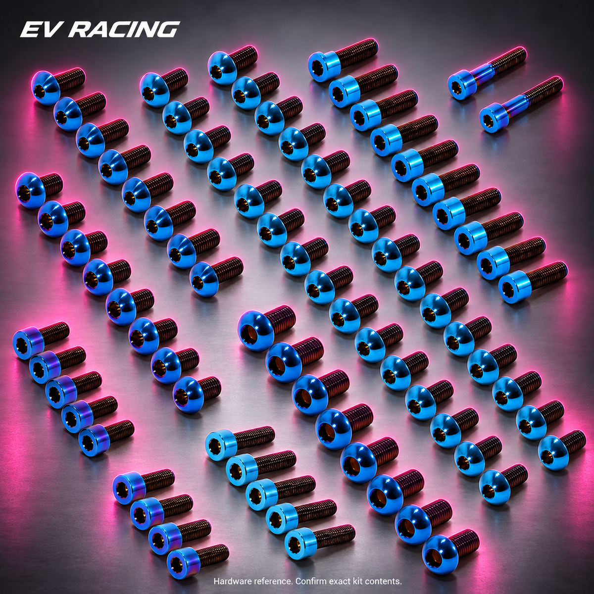 Talaria XXX Titanium Bolt Kit — Blue on a gray background with pink accents