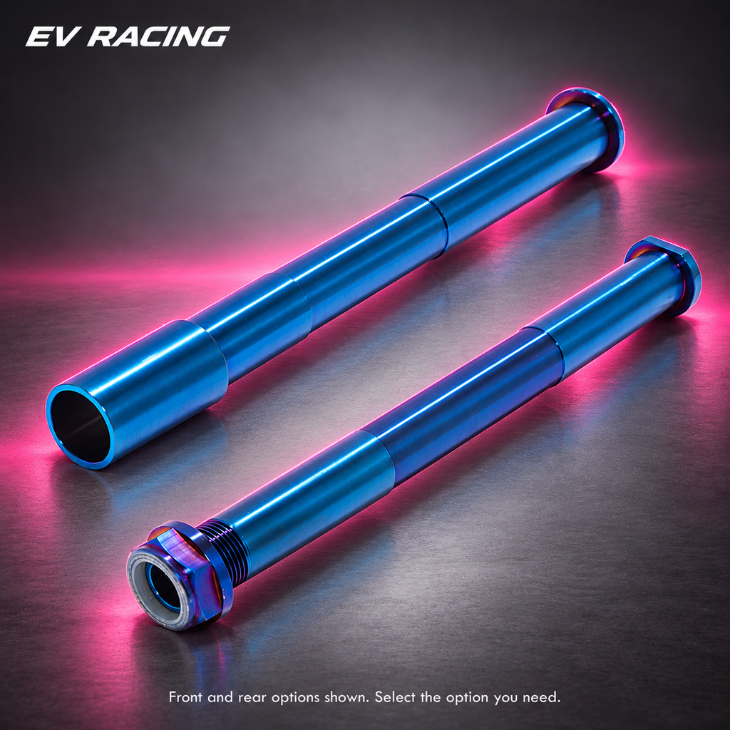 TC4 Titanium Wheel Axles for Surron Ultra Bee on a gray background with pink accents