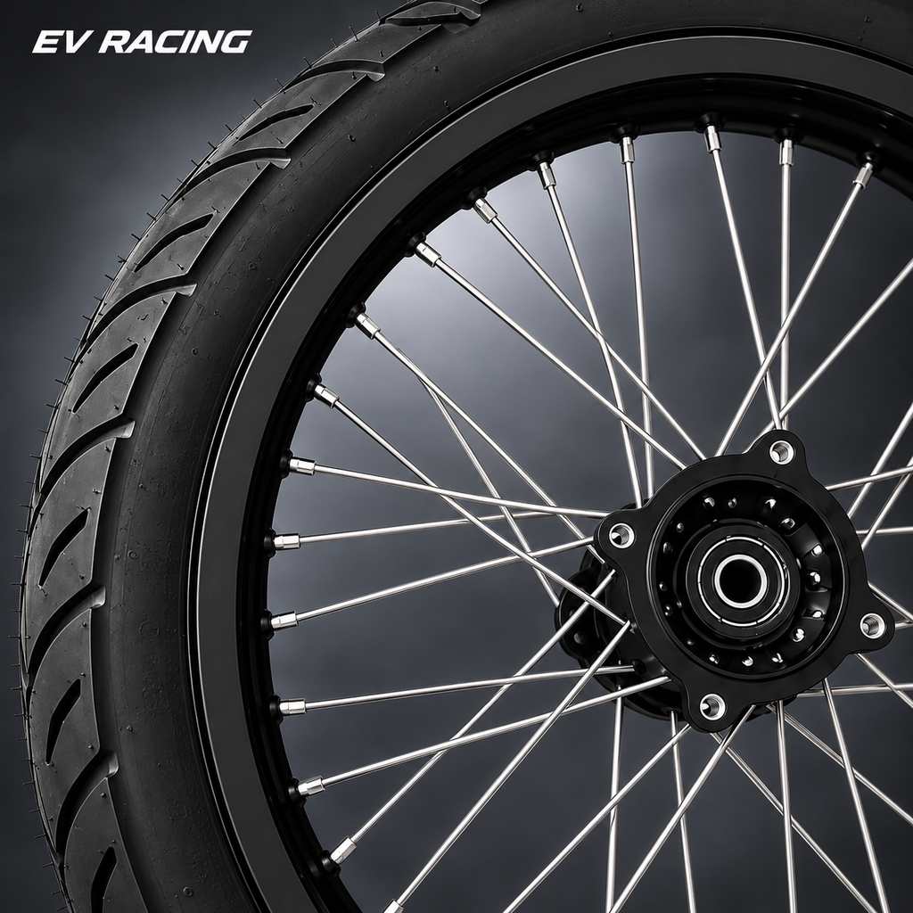 Close-up of black supermoto rim, silver spokes and black hub