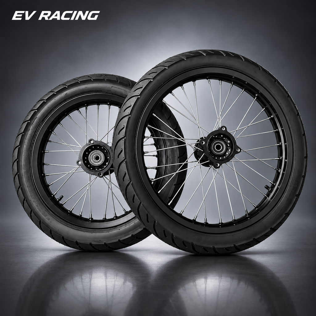 Black Yozma IN10 supermoto wheel set with 17-inch front and 14-inch rear wheels