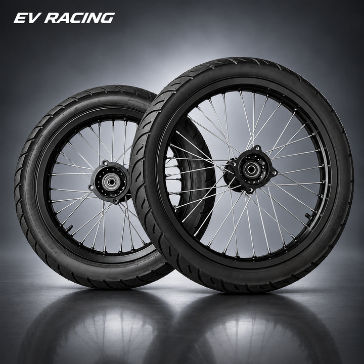 Black Yozma IN10 supermoto wheel set with 17-inch front and 14-inch rear wheels