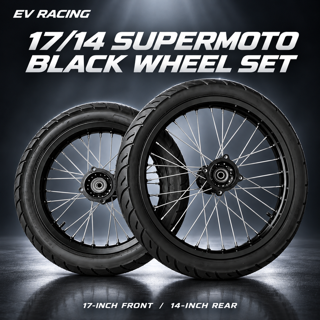 EV Racing black 17/14 supermoto wheel set: 17-inch front and 14-inch rear