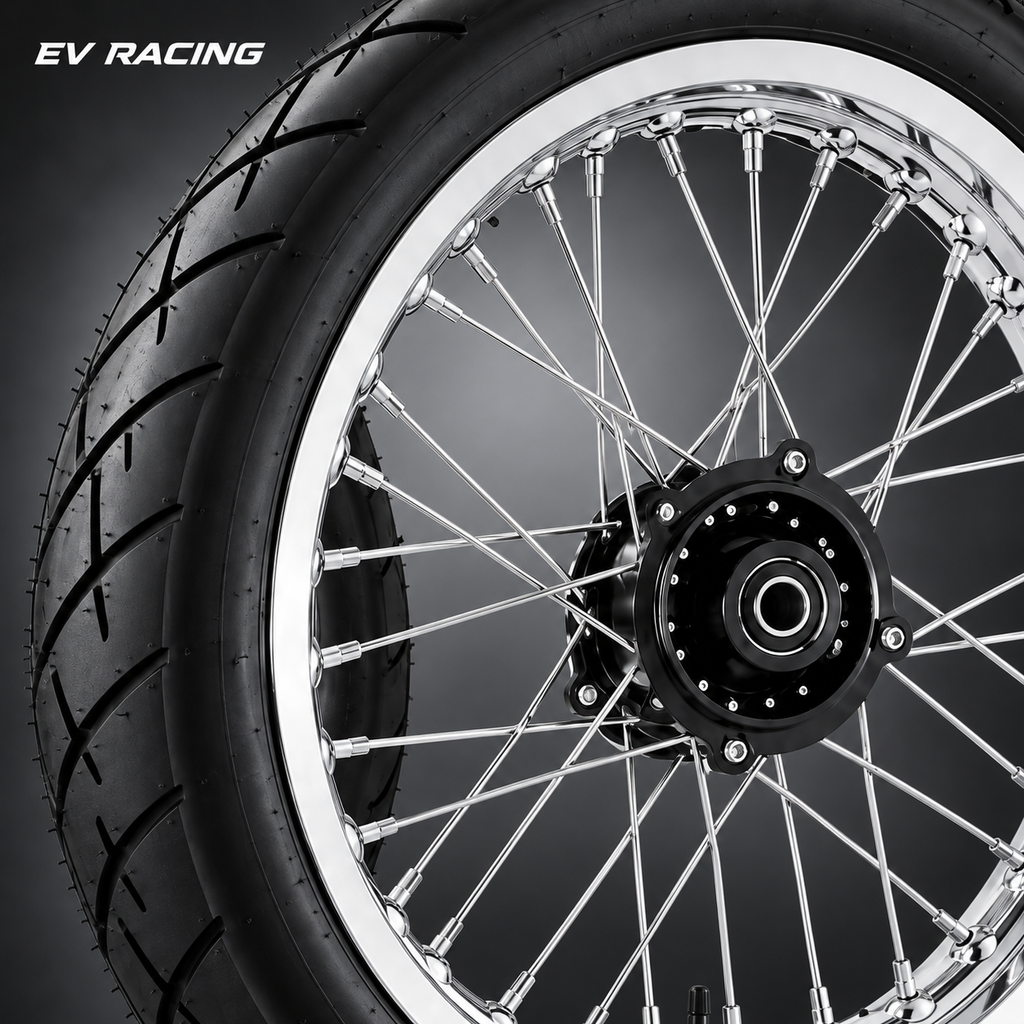 Close-up of chrome supermoto rim, silver spokes and black hub