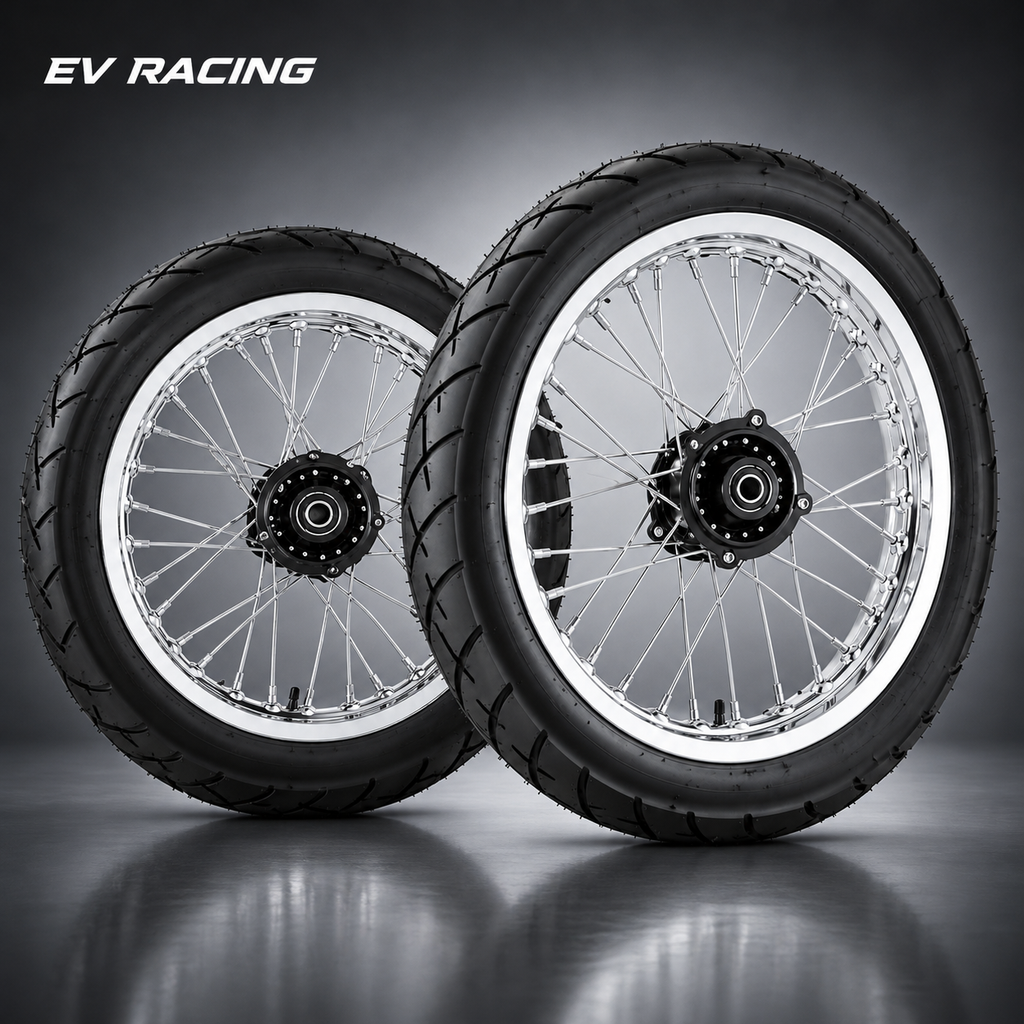 Chrome Yozma and Strike Shadow supermoto wheel and tire set with 17-inch front and 14-inch rear wheels