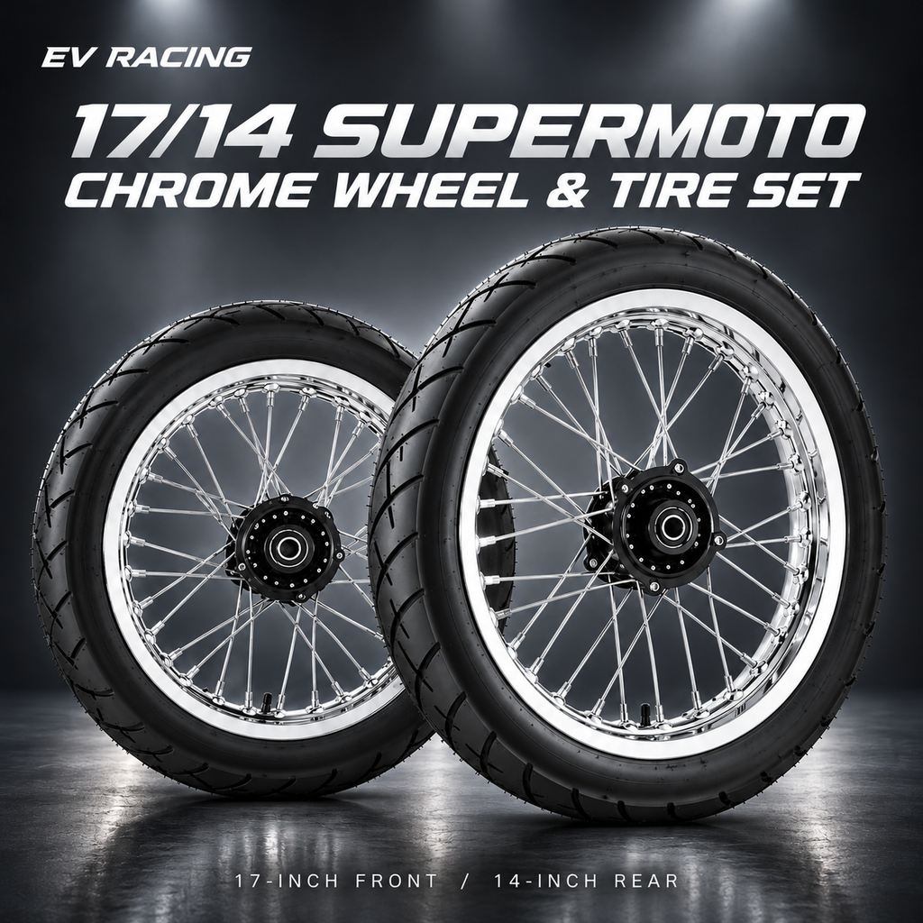 EV Racing chrome 17/14 supermoto wheel and tire set: 17-inch front and 14-inch rear