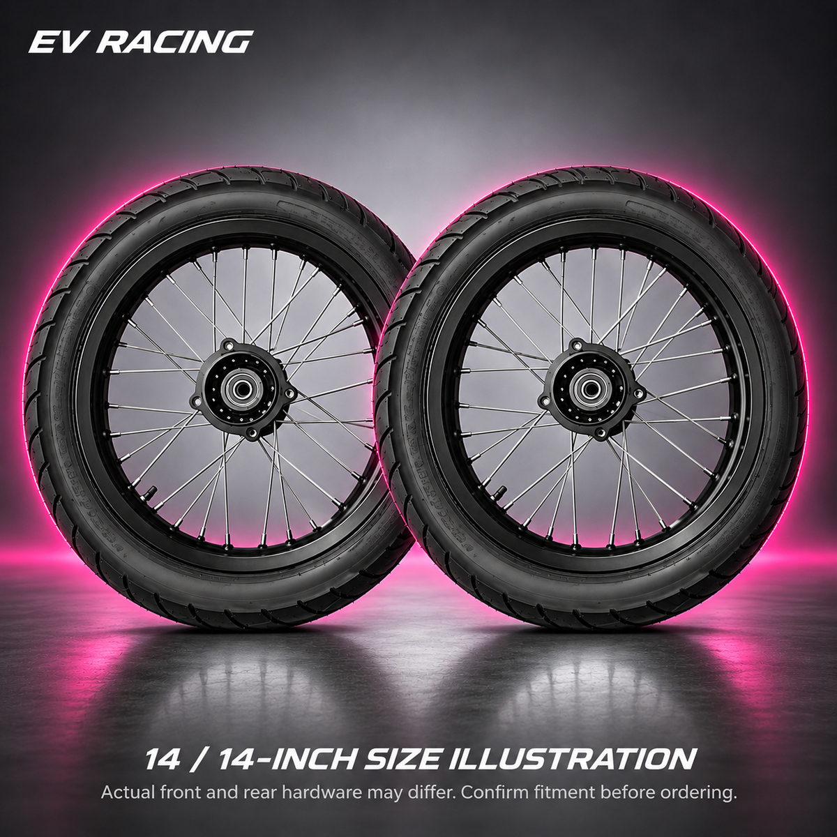 Yozma IN10 / IN10 Pro 14-inch front and 14-inch rear wheel size illustration; duplicated 14-inch wheel shown, actual front and rear hardware may differ